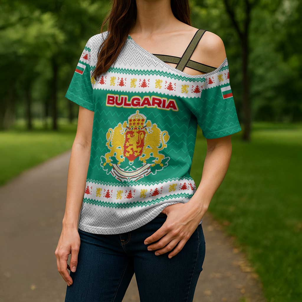 Bulgaria Christmas Cross Shoulder Shirt with Green-White Theme, Coat of Arms, and National Flag Motif - Wonder Print Shop
