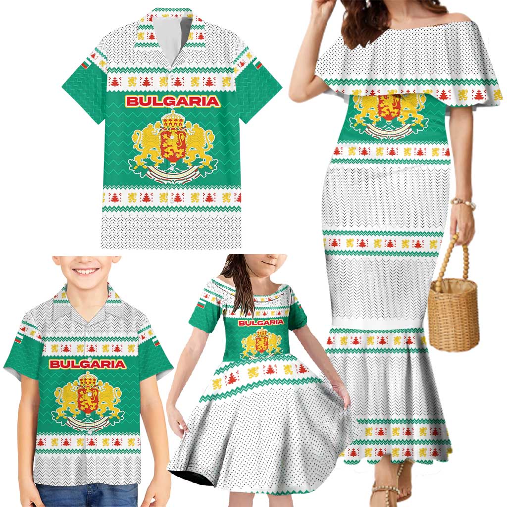 Bulgaria Christmas Family Matching Mermaid Dress and Hawaiian Shirt with Green-White Theme, Coat of Arms, and National Flag Motif - Wonder Print Shop