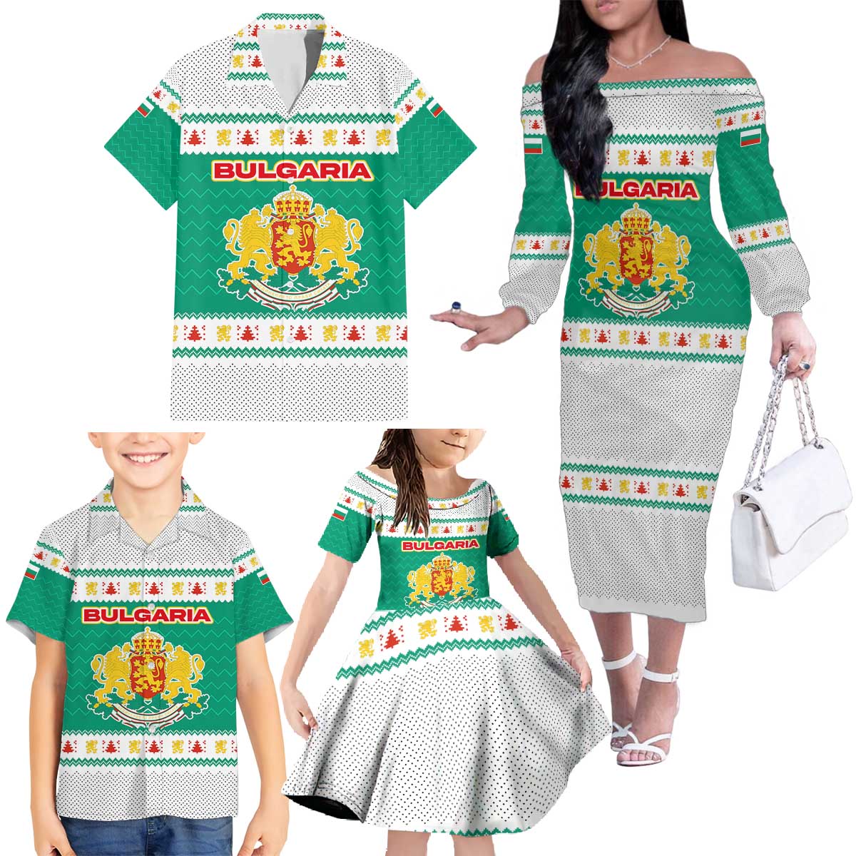 Bulgaria Christmas Family Matching Off The Shoulder Long Sleeve Dress and Hawaiian Shirt with Green-White Theme, Coat of Arms, and National Flag Motif - Wonder Print Shop