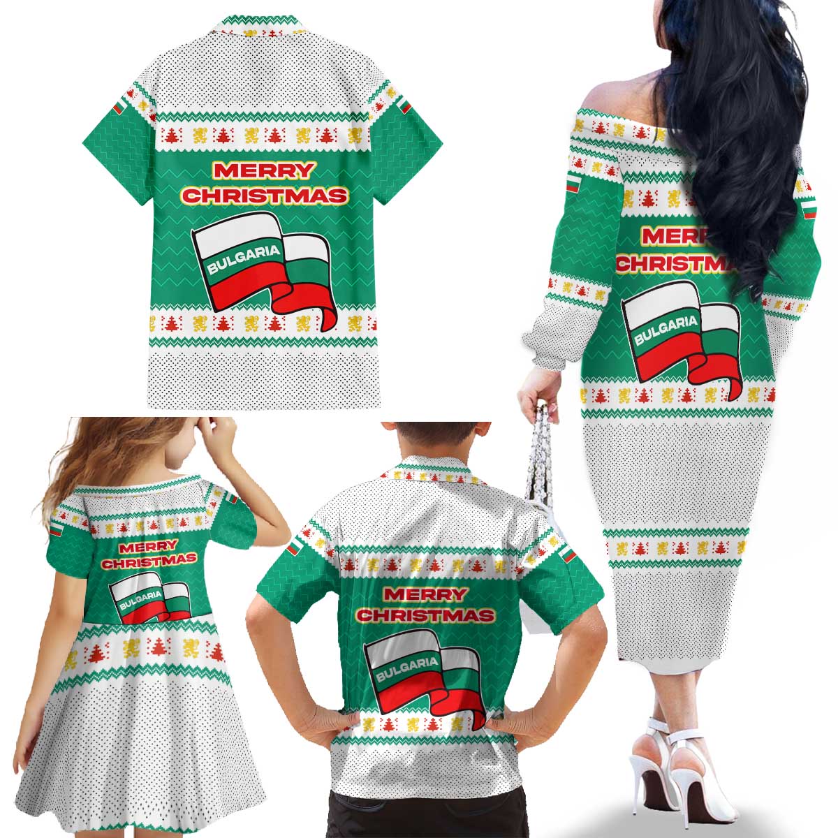 Bulgaria Christmas Family Matching Off The Shoulder Long Sleeve Dress and Hawaiian Shirt with Green-White Theme, Coat of Arms, and National Flag Motif - Wonder Print Shop