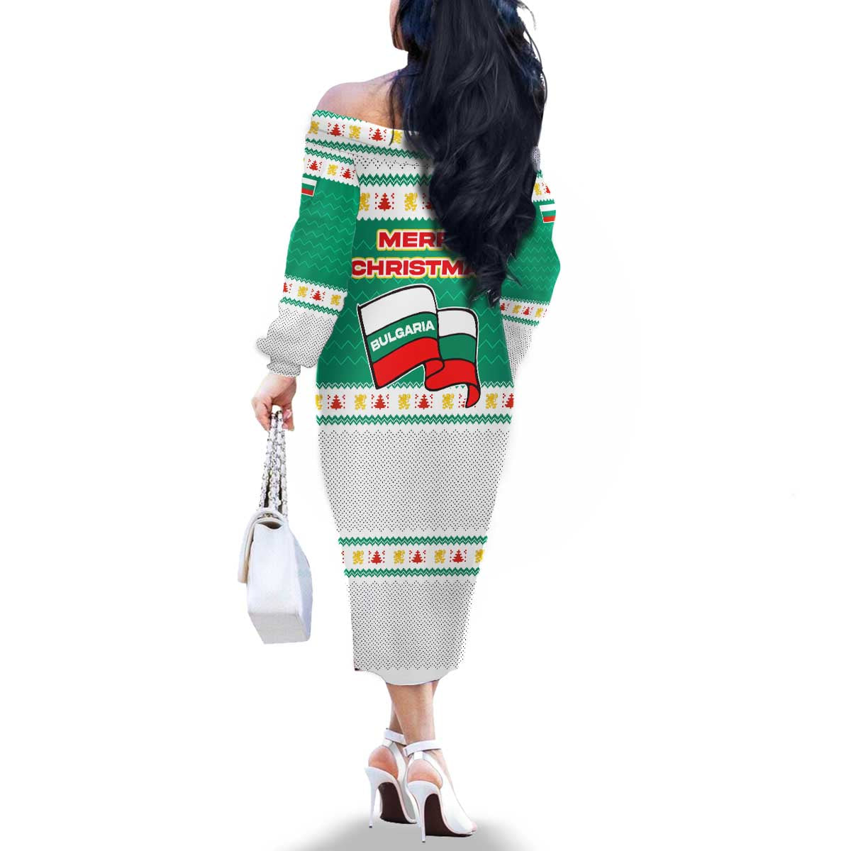 Bulgaria Christmas Family Matching Off The Shoulder Long Sleeve Dress and Hawaiian Shirt with Green-White Theme, Coat of Arms, and National Flag Motif - Wonder Print Shop