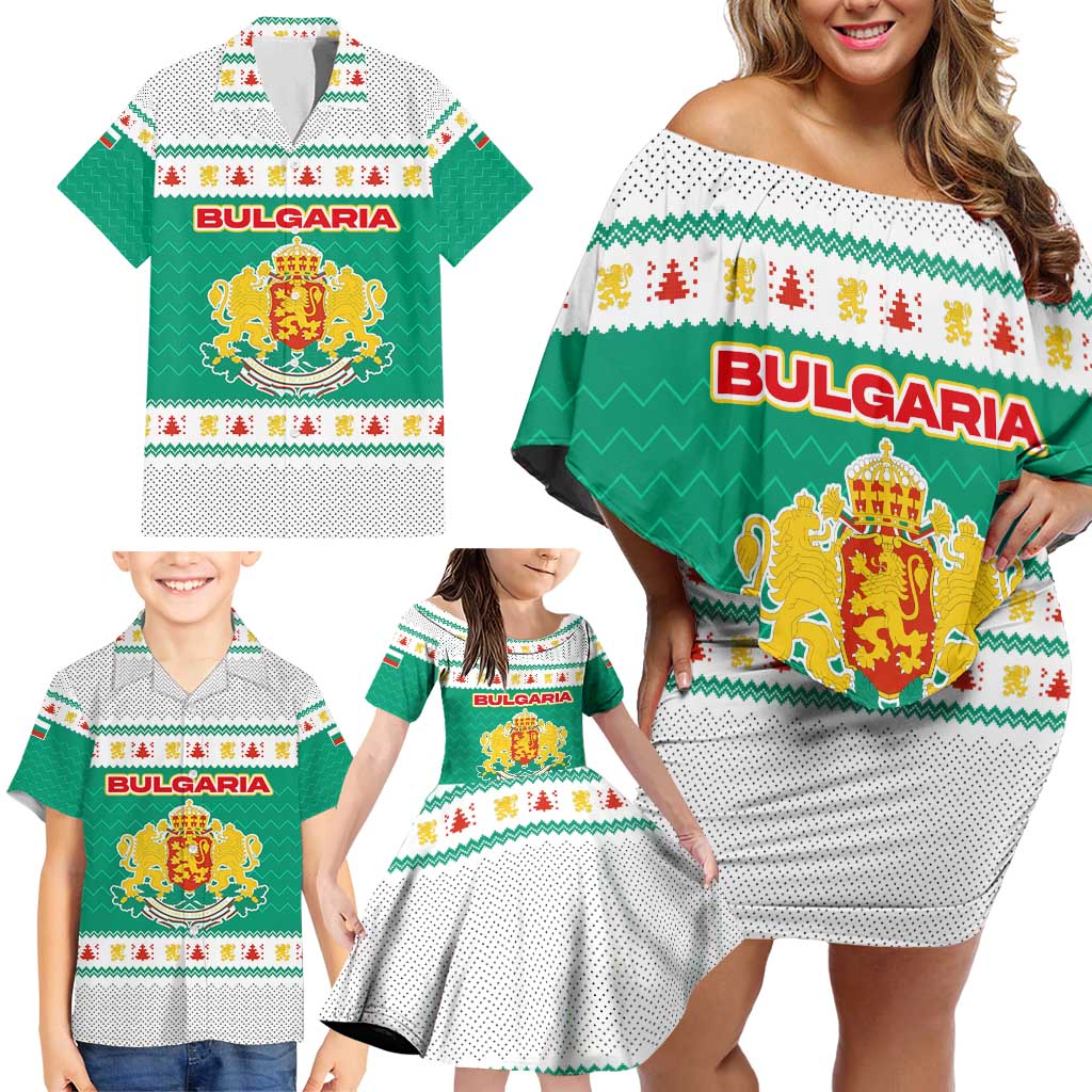 Bulgaria Christmas Family Matching Off Shoulder Short Dress and Hawaiian Shirt with Green-White Theme, Coat of Arms, and National Flag Motif - Wonder Print Shop