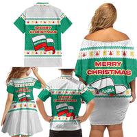 Bulgaria Christmas Family Matching Off Shoulder Short Dress and Hawaiian Shirt with Green-White Theme, Coat of Arms, and National Flag Motif - Wonder Print Shop