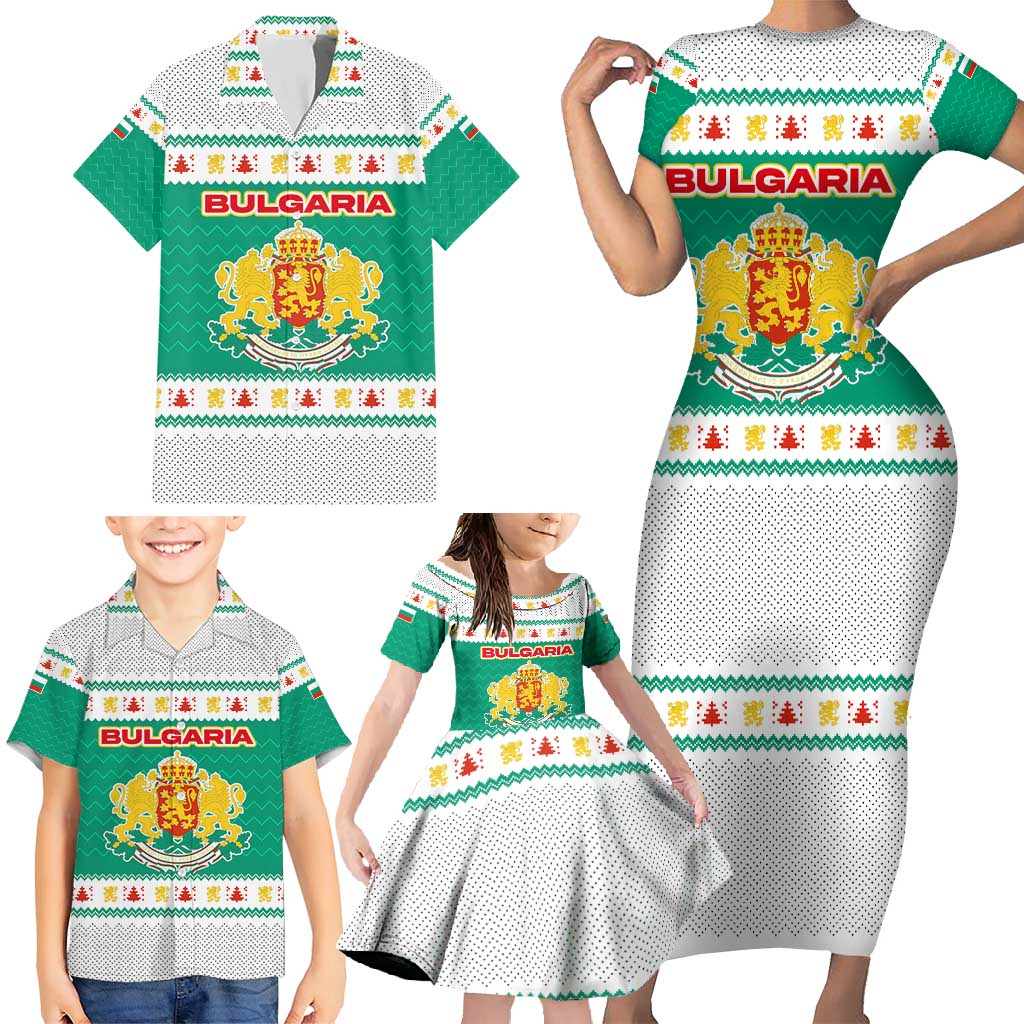 Bulgaria Christmas Family Matching Short Sleeve Bodycon Dress and Hawaiian Shirt with Green-White Theme, Coat of Arms, and National Flag Motif - Wonder Print Shop