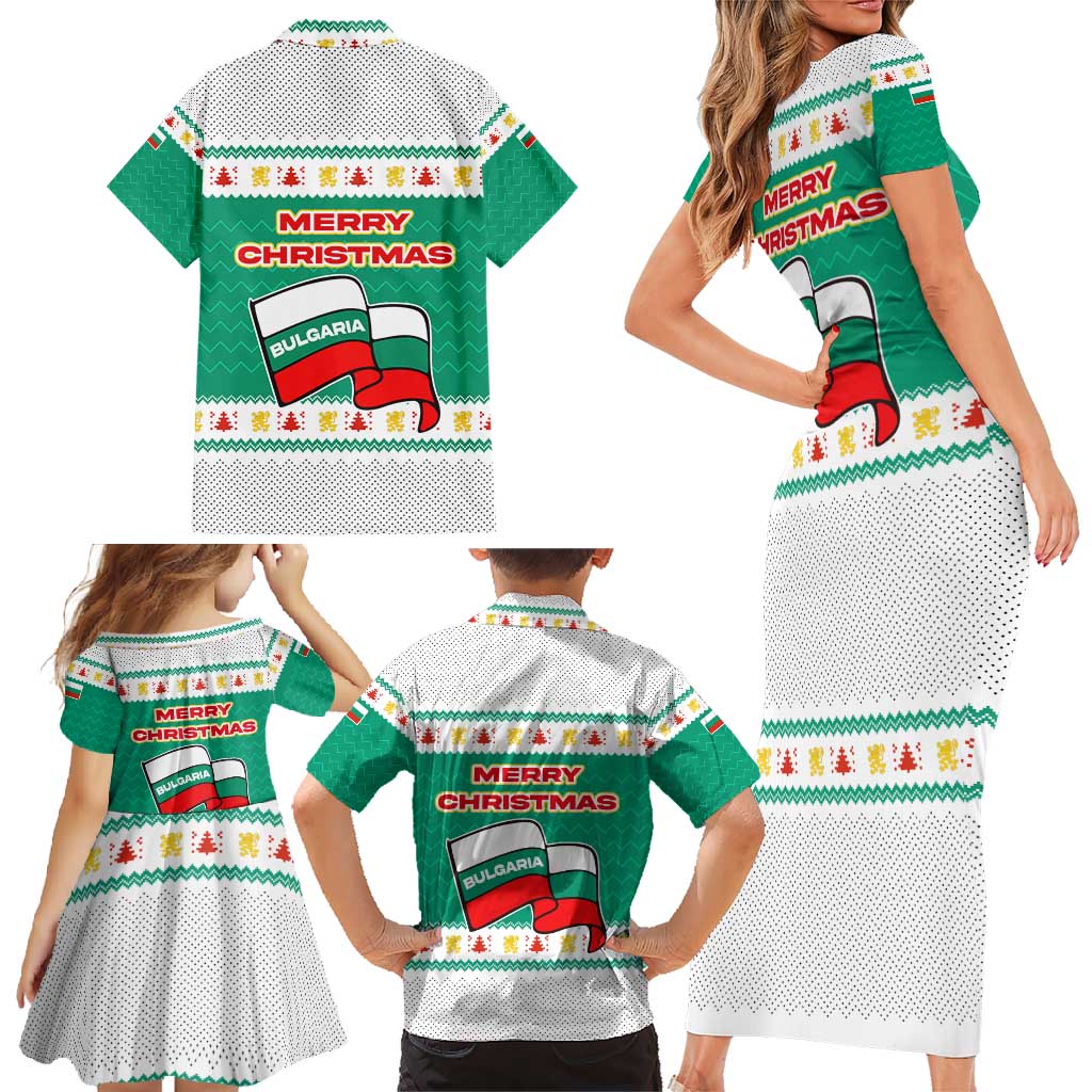 Bulgaria Christmas Family Matching Short Sleeve Bodycon Dress and Hawaiian Shirt with Green-White Theme, Coat of Arms, and National Flag Motif - Wonder Print Shop