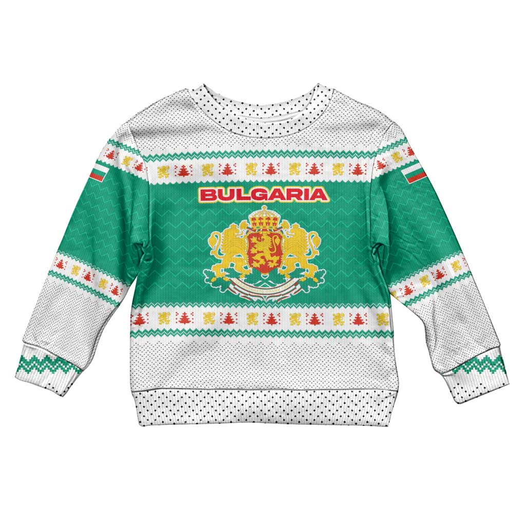 Bulgaria Christmas Kid Ugly Christmas Sweater with Green-White Theme, Coat of Arms, and National Flag Motif - Wonder Print Shop