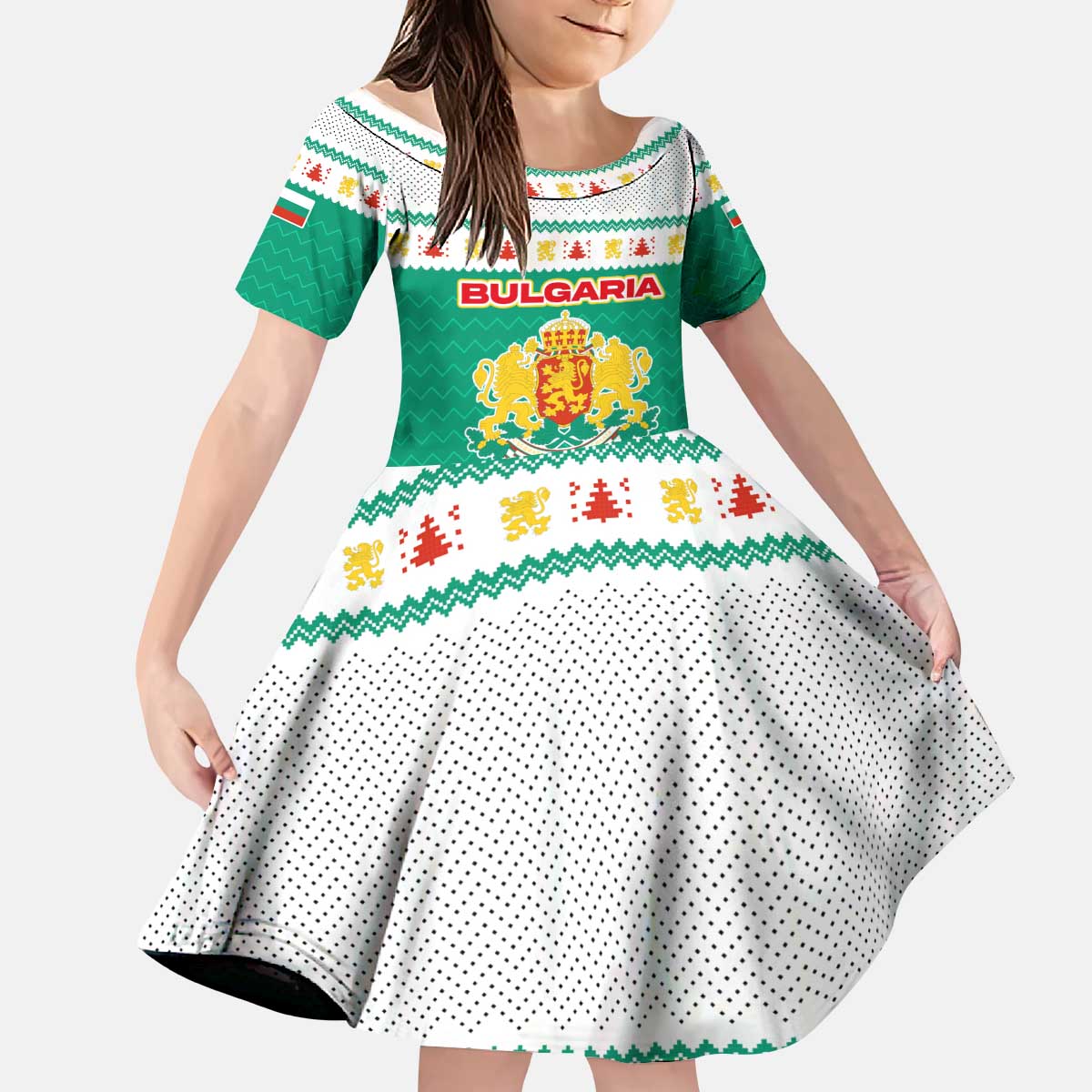Bulgaria Christmas Kid Short Sleeve Dress with Green-White Theme, Coat of Arms, and National Flag Motif - Wonder Print Shop