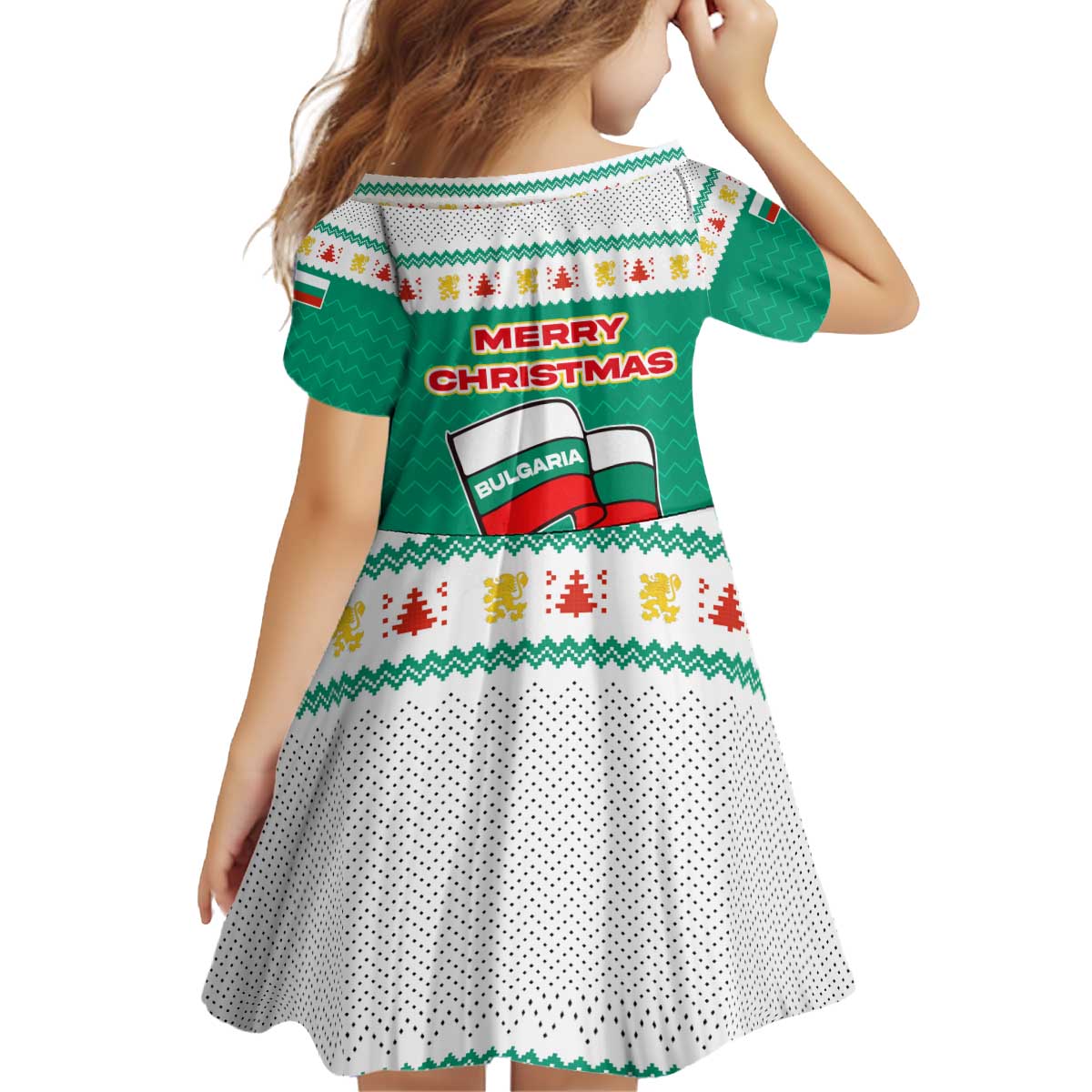Bulgaria Christmas Kid Short Sleeve Dress with Green-White Theme, Coat of Arms, and National Flag Motif - Wonder Print Shop