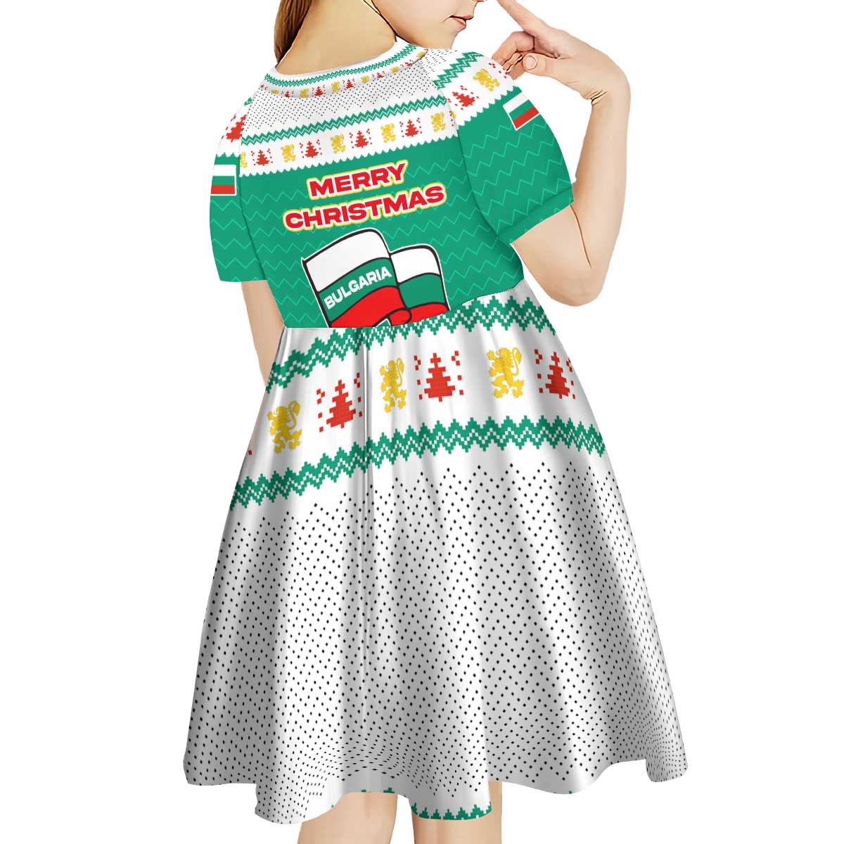 Bulgaria Christmas Kid Short Sleeve Dress with Green-White Theme, Coat of Arms, and National Flag Motif - Wonder Print Shop