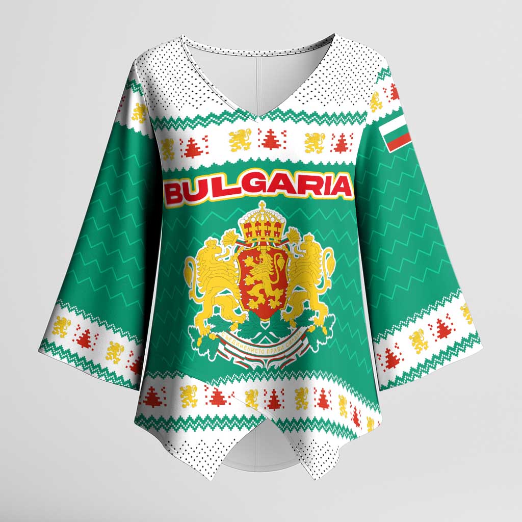 Bulgaria Christmas Kimono Sleeve Blouse with Green-White Theme, Coat of Arms, and National Flag Motif - Wonder Print Shop