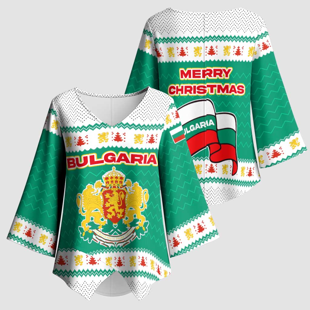 Bulgaria Christmas Kimono Sleeve Blouse with Green-White Theme, Coat of Arms, and National Flag Motif - Wonder Print Shop