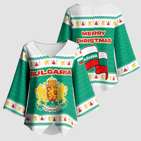 Bulgaria Christmas Kimono Sleeve Blouse with Green-White Theme, Coat of Arms, and National Flag Motif - Wonder Print Shop