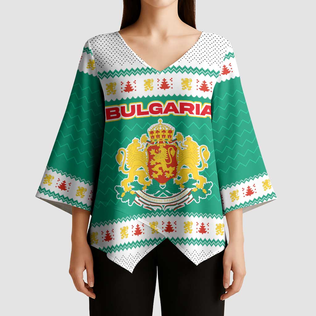 Bulgaria Christmas Kimono Sleeve Blouse with Green-White Theme, Coat of Arms, and National Flag Motif - Wonder Print Shop