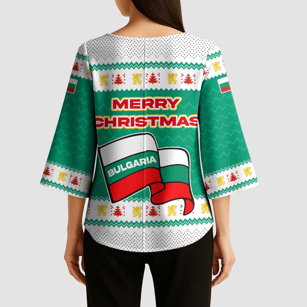 Bulgaria Christmas Kimono Sleeve Blouse with Green-White Theme, Coat of Arms, and National Flag Motif - Wonder Print Shop