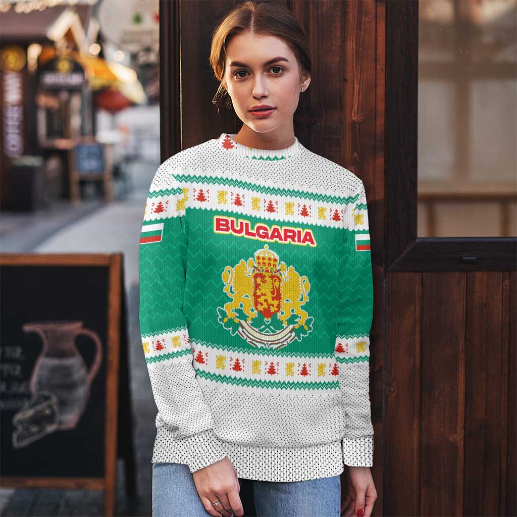 Bulgaria Christmas Ugly Christmas Sweater with Green-White Theme, Coat of Arms, and National Flag Motif - Wonder Print Shop
