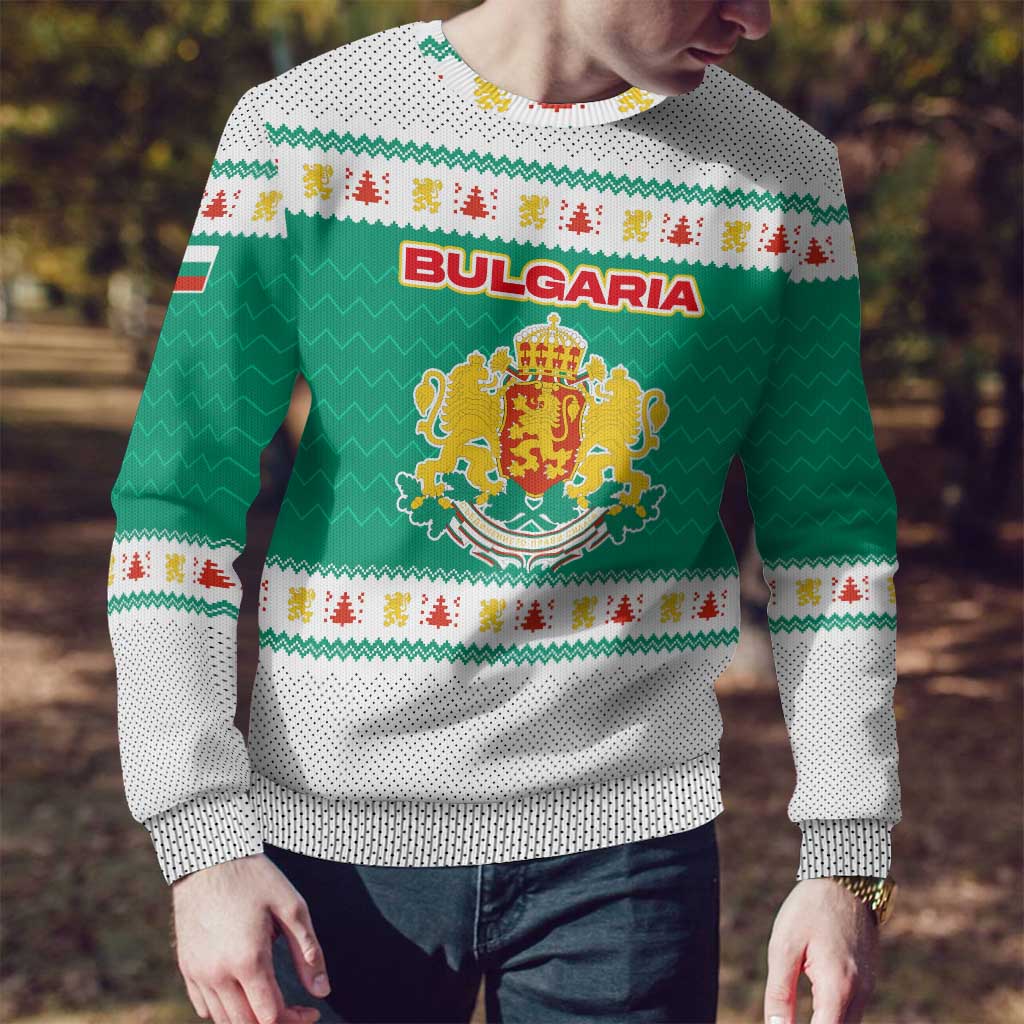 Bulgaria Christmas Ugly Christmas Sweater with Green-White Theme, Coat of Arms, and National Flag Motif - Wonder Print Shop