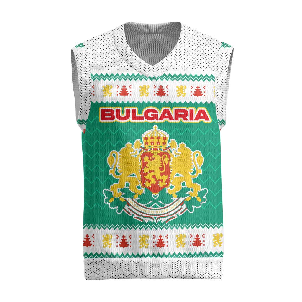 Bulgaria Christmas Knitted V-Neck Vest with Green-White Theme, Coat of Arms, and National Flag Motif - Wonder Print Shop