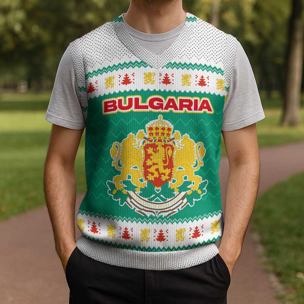 Bulgaria Christmas Knitted V-Neck Vest with Green-White Theme, Coat of Arms, and National Flag Motif - Wonder Print Shop
