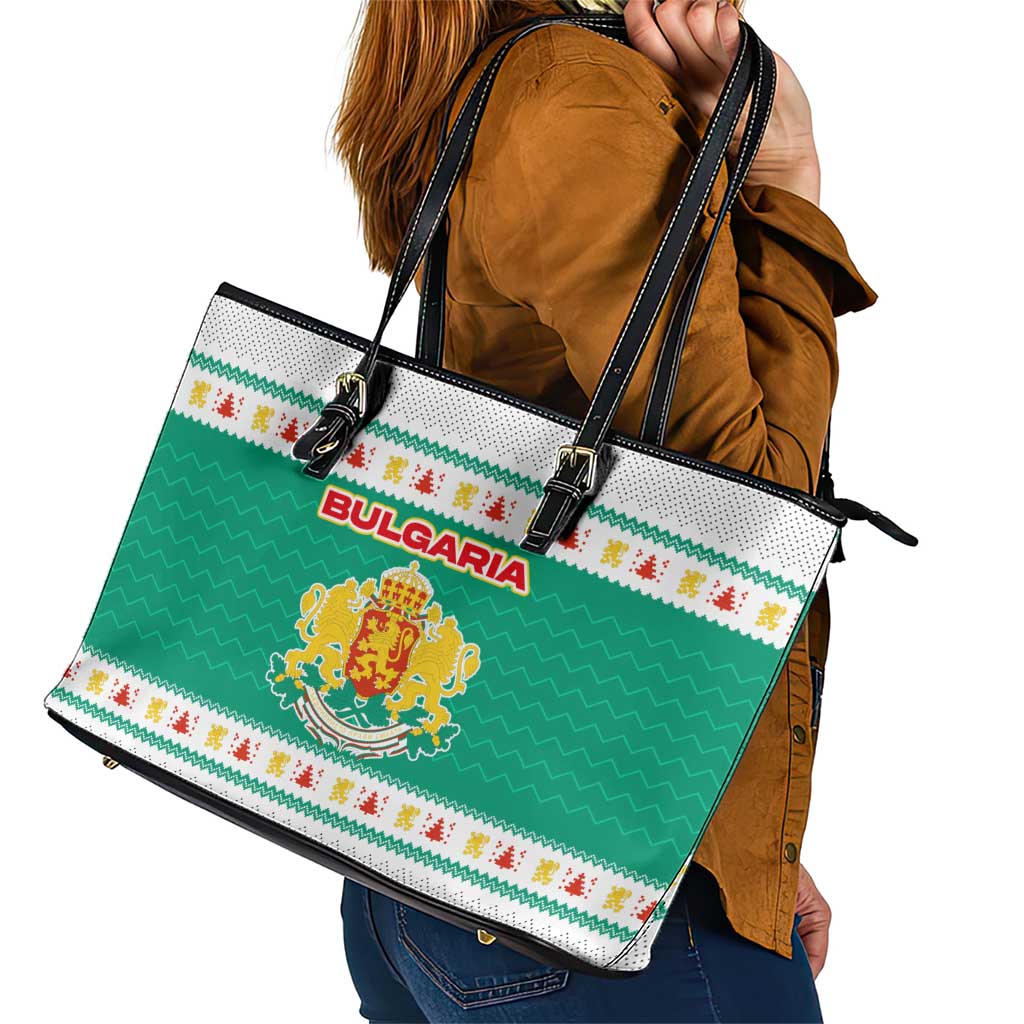 Bulgaria Christmas Leather Tote Bag with Green-White Theme, Coat of Arms, and National Flag Motif - Wonder Print Shop