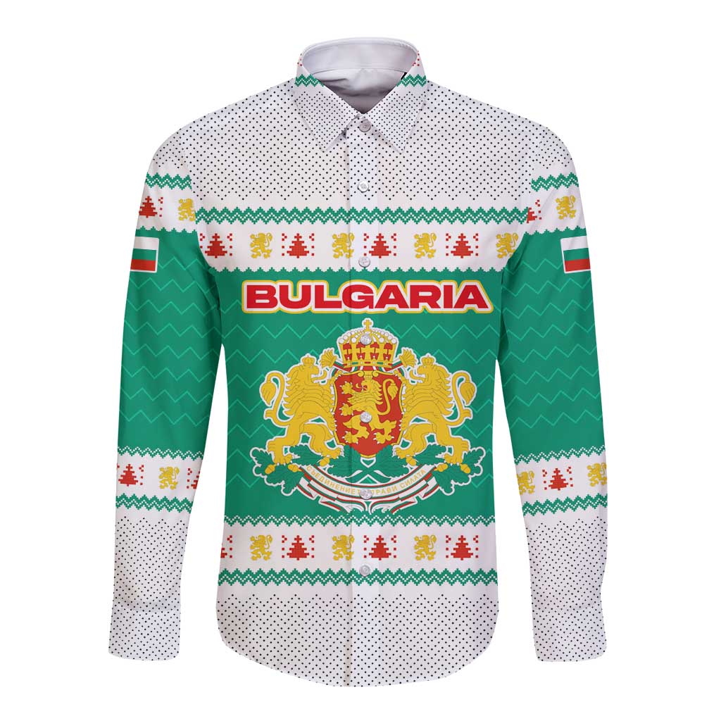 Bulgaria Christmas Long Sleeve Button Shirt with Green-White Theme, Coat of Arms, and National Flag Motif - Wonder Print Shop