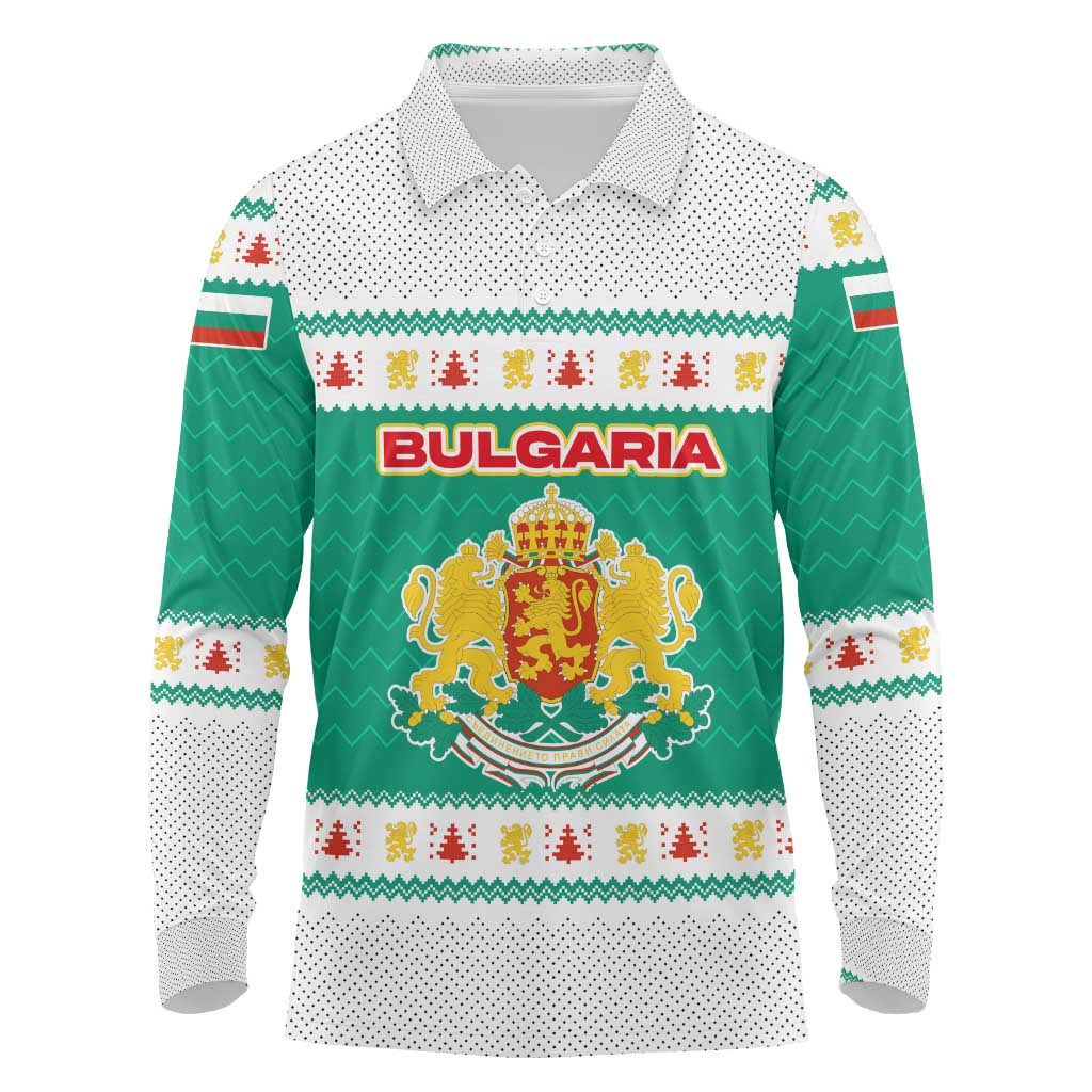 Bulgaria Christmas Long Sleeve Polo Shirt with Green-White Theme, Coat of Arms, and National Flag Motif - Wonder Print Shop