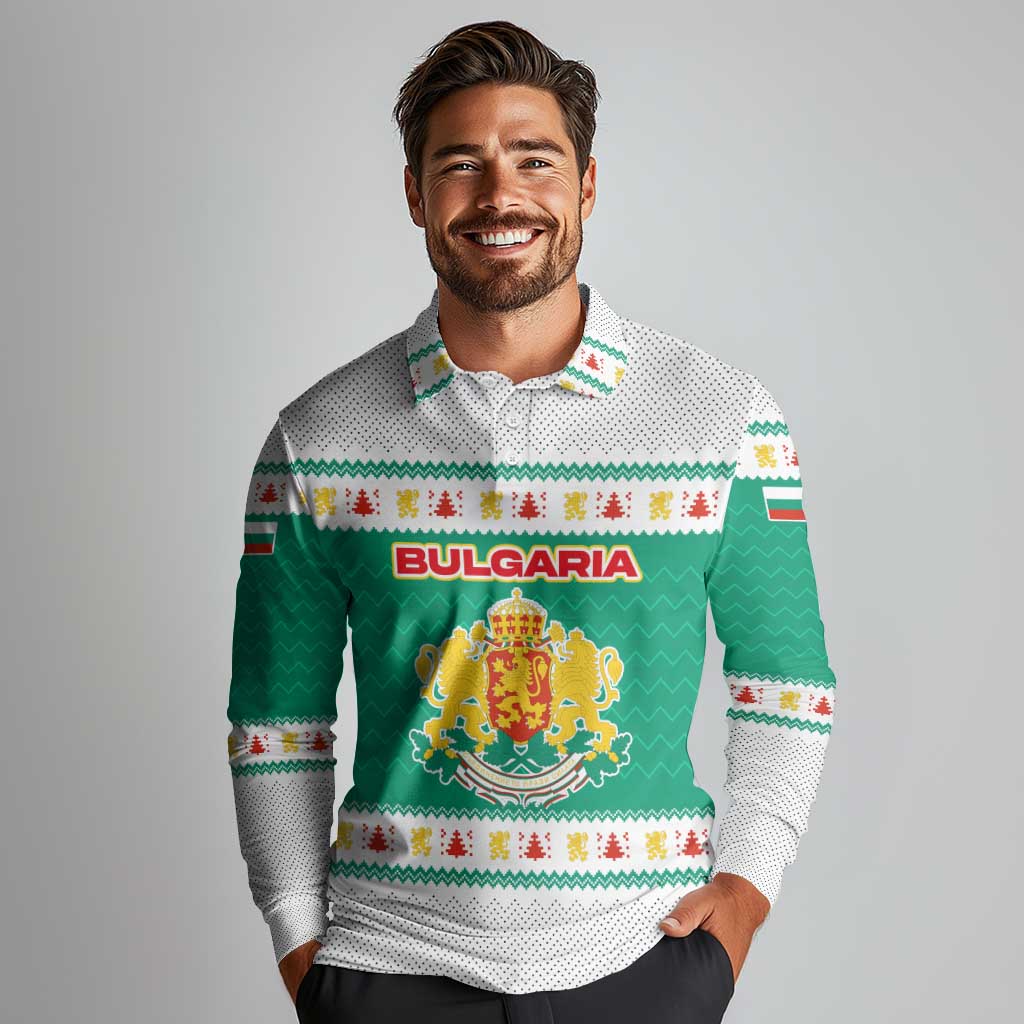 Bulgaria Christmas Long Sleeve Polo Shirt with Green-White Theme, Coat of Arms, and National Flag Motif - Wonder Print Shop