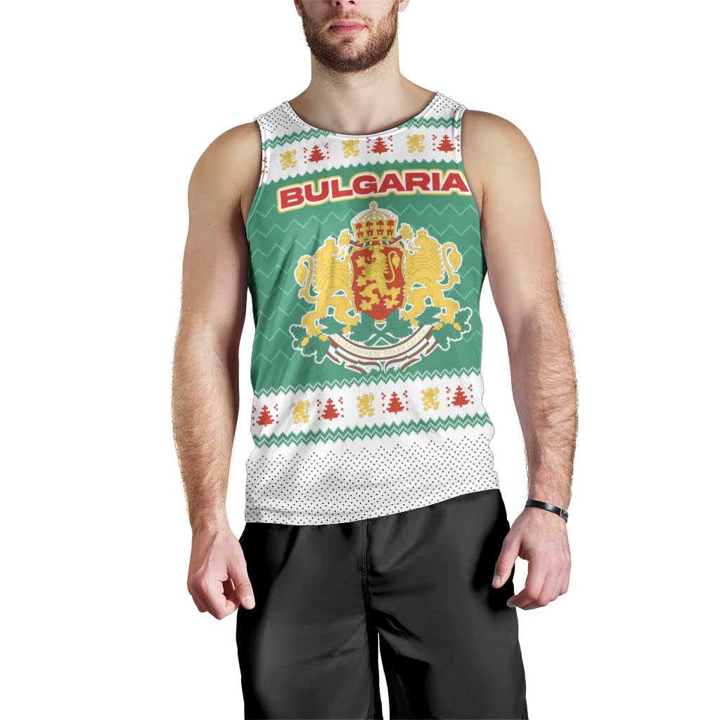 Bulgaria Christmas Men Tank Top with Green-White Theme, Coat of Arms, and National Flag Motif - Wonder Print Shop