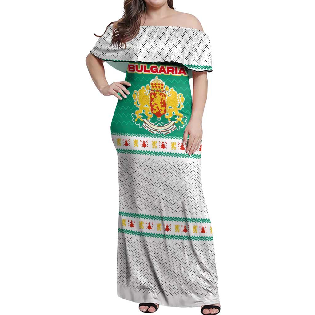 Bulgaria Christmas Off Shoulder Maxi Dress with Green-White Theme, Coat of Arms, and National Flag Motif - Wonder Print Shop