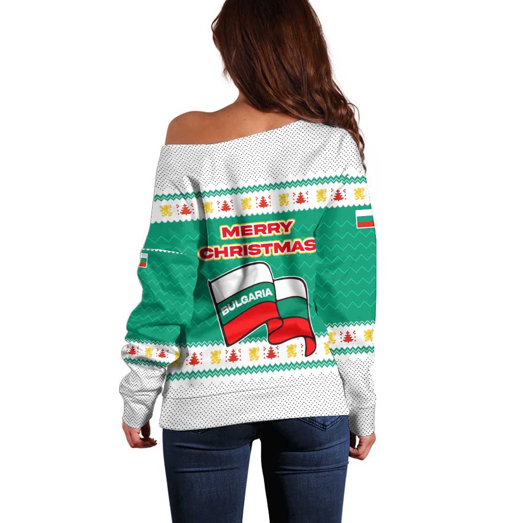 Bulgaria Christmas Off Shoulder Sweater with Green-White Theme, Coat of Arms, and National Flag Motif - Wonder Print Shop