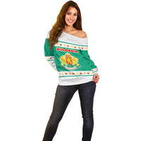 Bulgaria Christmas Off Shoulder Sweater with Green-White Theme, Coat of Arms, and National Flag Motif - Wonder Print Shop