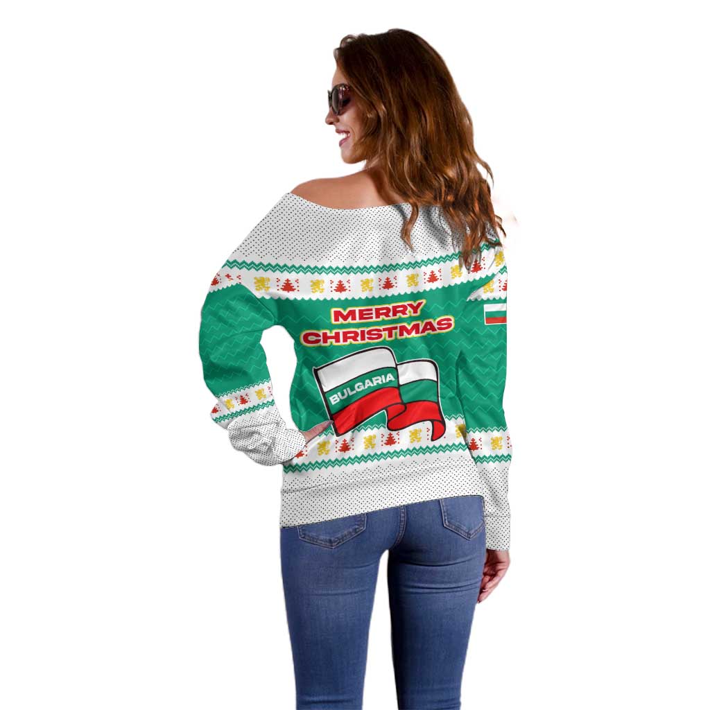 Bulgaria Christmas Off Shoulder Sweater with Green-White Theme, Coat of Arms, and National Flag Motif - Wonder Print Shop