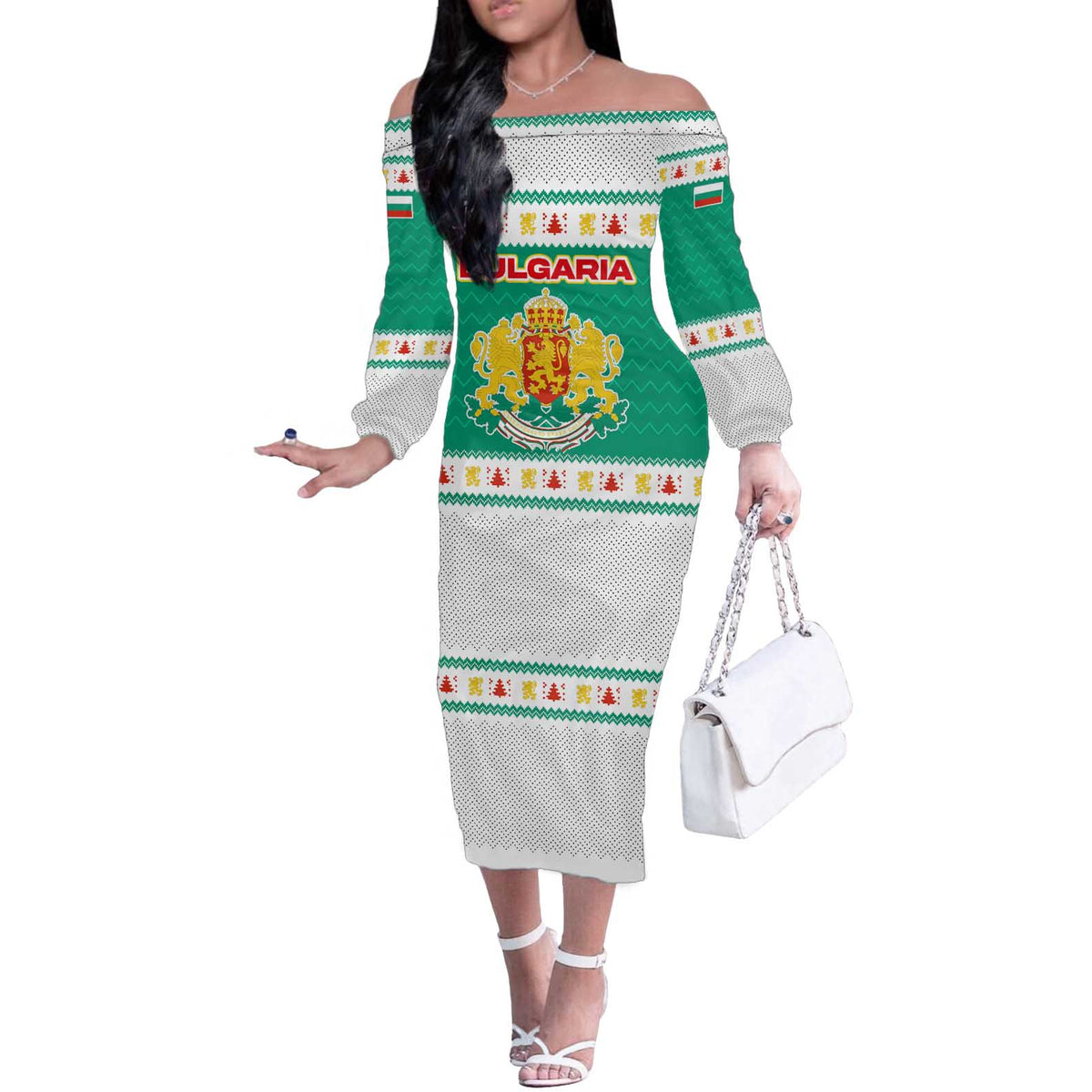 Bulgaria Christmas Off The Shoulder Long Sleeve Dress with Green-White Theme, Coat of Arms, and National Flag Motif - Wonder Print Shop