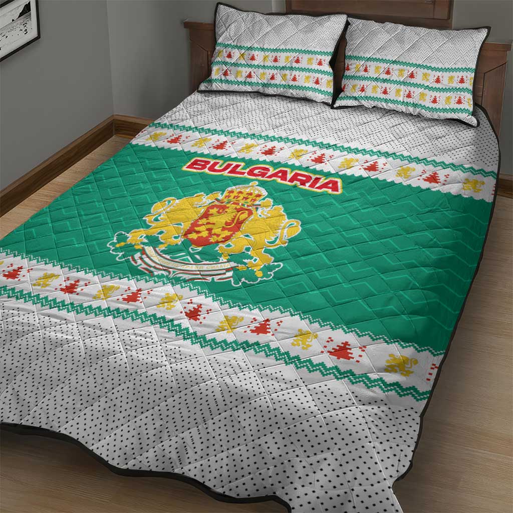Bulgaria Christmas Quilt Bed Set with Green-White Theme, Coat of Arms, and National Flag Motif - Wonder Print Shop
