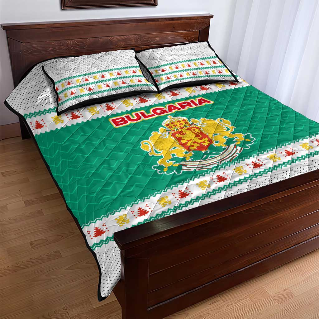 Bulgaria Christmas Quilt Bed Set with Green-White Theme, Coat of Arms, and National Flag Motif - Wonder Print Shop