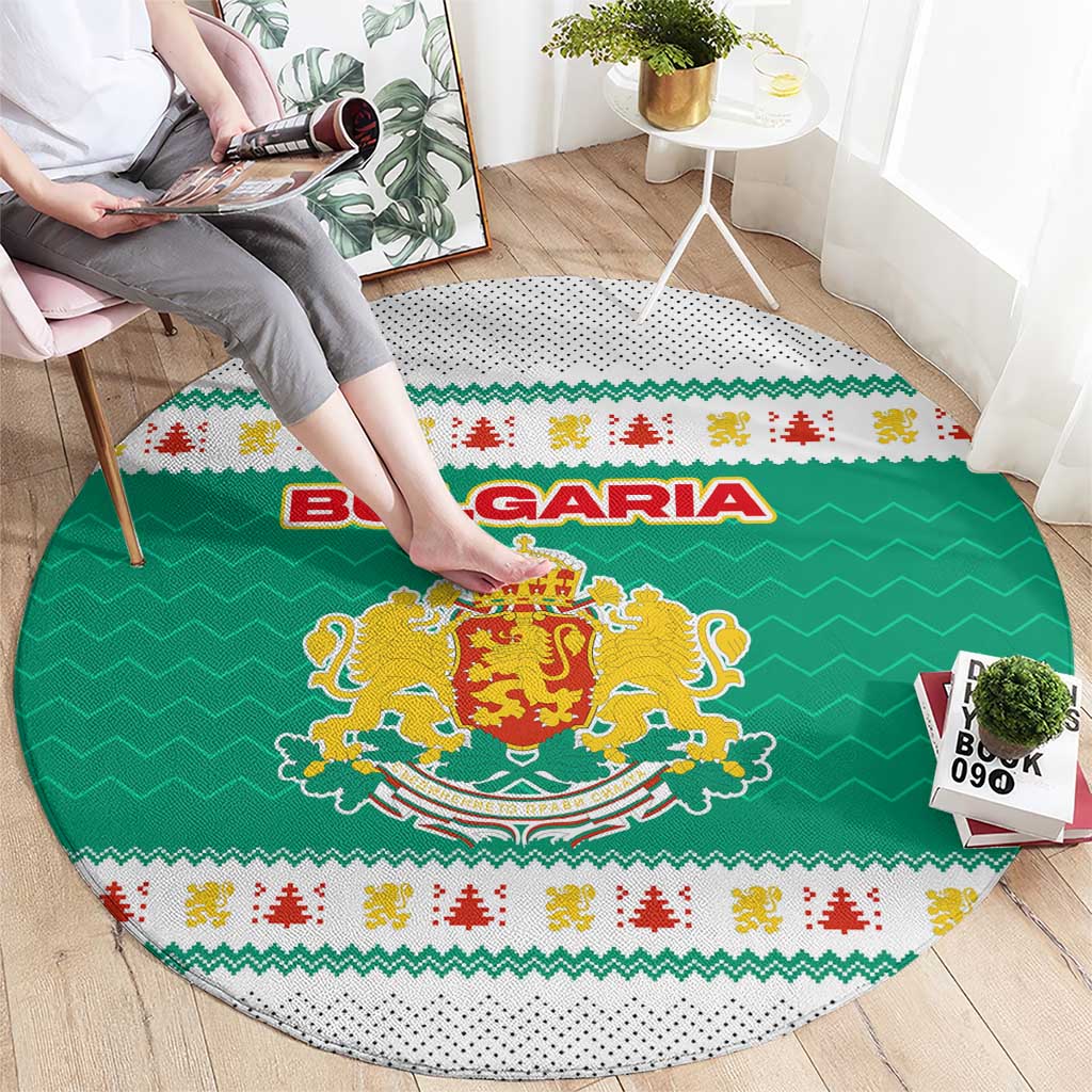 Bulgaria Christmas Round Carpet with Green-White Theme, Coat of Arms, and National Flag Motif - Wonder Print Shop