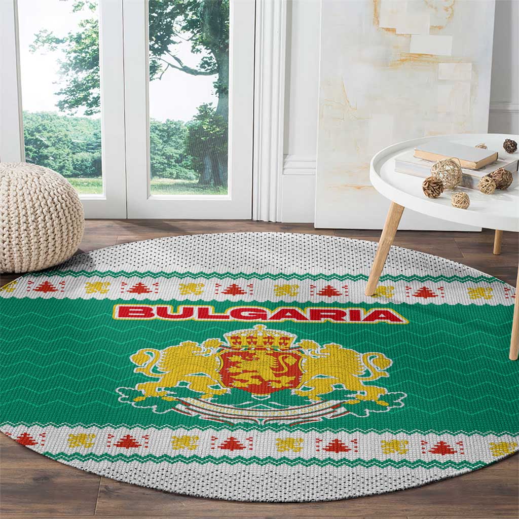 Bulgaria Christmas Round Carpet with Green-White Theme, Coat of Arms, and National Flag Motif - Wonder Print Shop