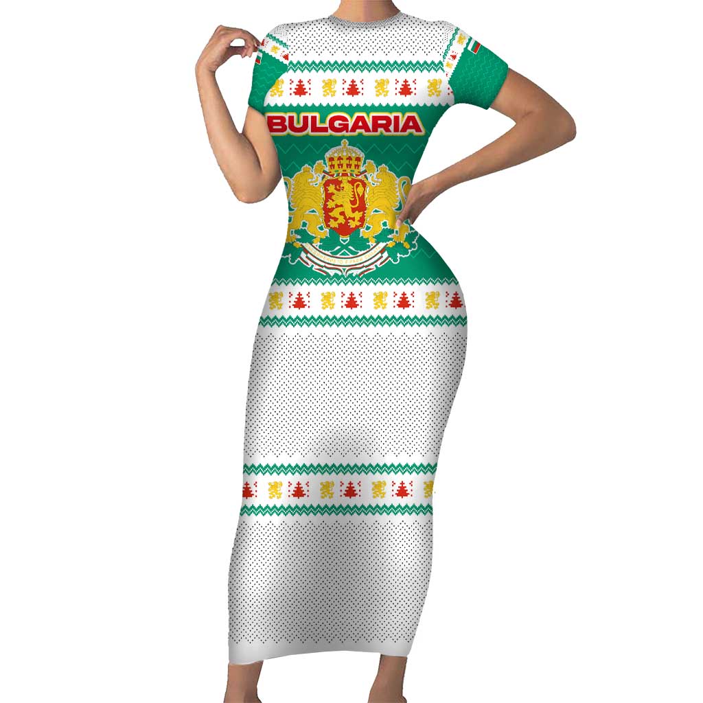 Bulgaria Christmas Short Sleeve Bodycon Dress with Green-White Theme, Coat of Arms, and National Flag Motif - Wonder Print Shop
