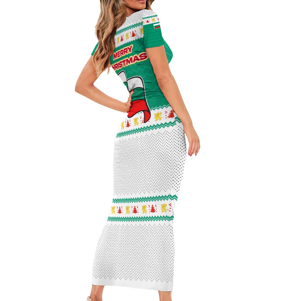 Bulgaria Christmas Short Sleeve Bodycon Dress with Green-White Theme, Coat of Arms, and National Flag Motif - Wonder Print Shop