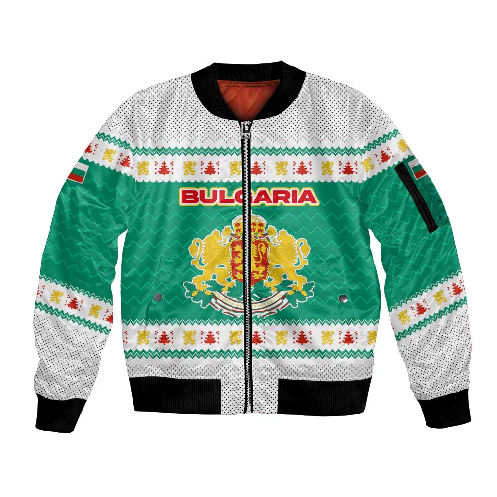 Bulgaria Christmas Sleeve Zip Bomber Jacket with Green-White Theme, Coat of Arms, and National Flag Motif - Wonder Print Shop