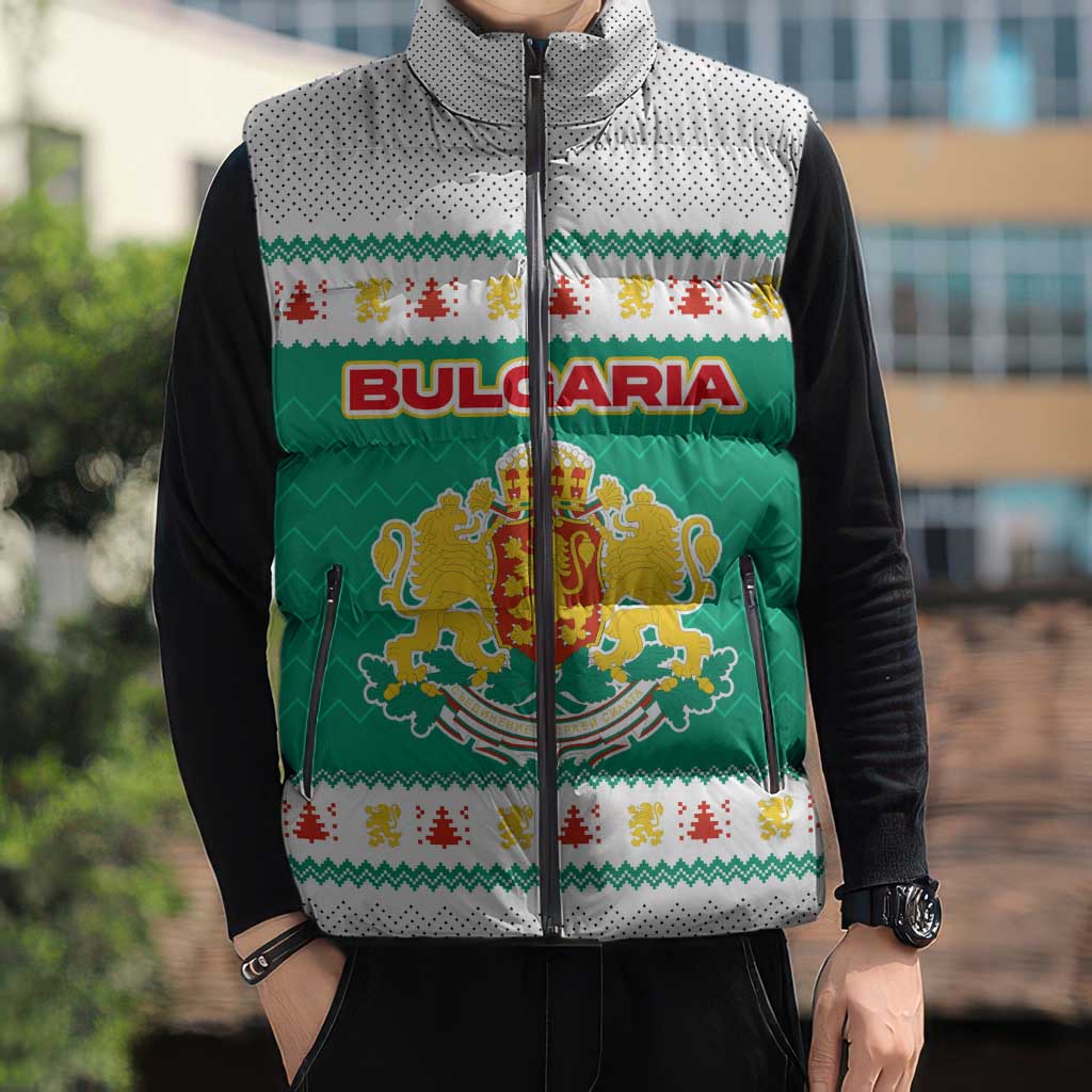 Bulgaria Christmas Sleeveless Puffer Jacket with Green-White Theme, Coat of Arms, and National Flag Motif - Wonder Print Shop