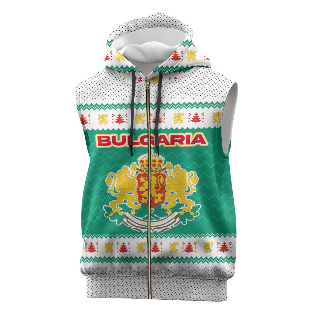 Bulgaria Christmas Sleeveless Zip Hoodie with Green-White Theme, Coat of Arms, and National Flag Motif - Wonder Print Shop