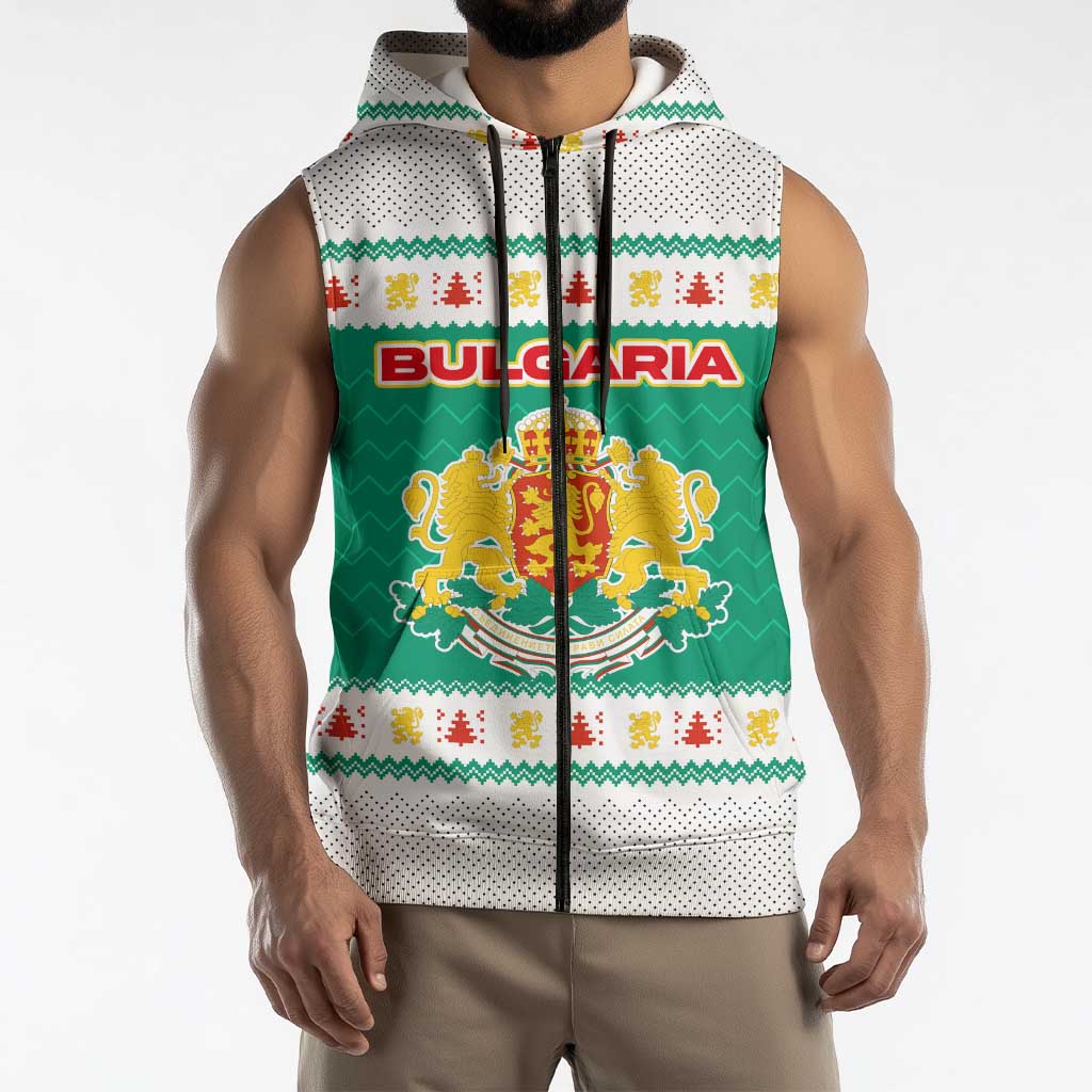Bulgaria Christmas Sleeveless Zip Hoodie with Green-White Theme, Coat of Arms, and National Flag Motif - Wonder Print Shop