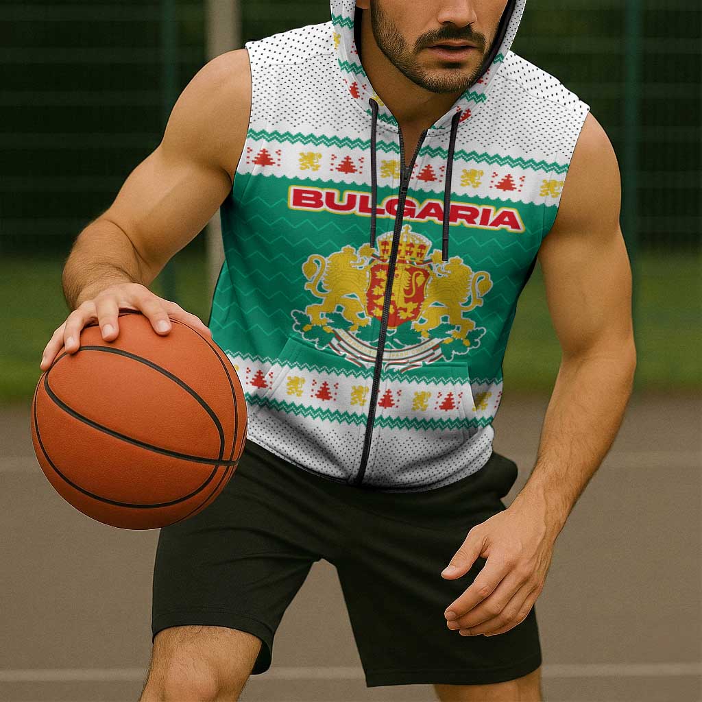Bulgaria Christmas Sleeveless Zip Hoodie with Green-White Theme, Coat of Arms, and National Flag Motif - Wonder Print Shop