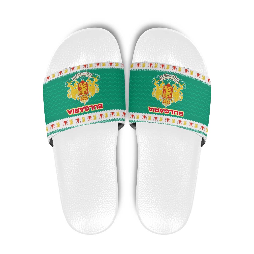 Bulgaria Christmas Slide Sandals with Green-White Theme, Coat of Arms, and National Flag Motif - Wonder Print Shop