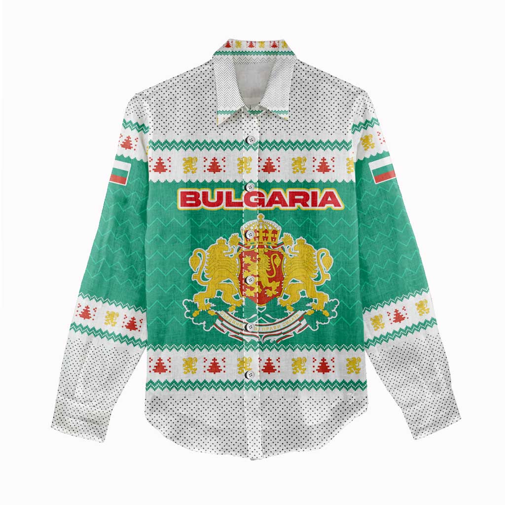 Bulgaria Christmas Women Casual Shirt with Green-White Theme, Coat of Arms, and National Flag Motif - Wonder Print Shop