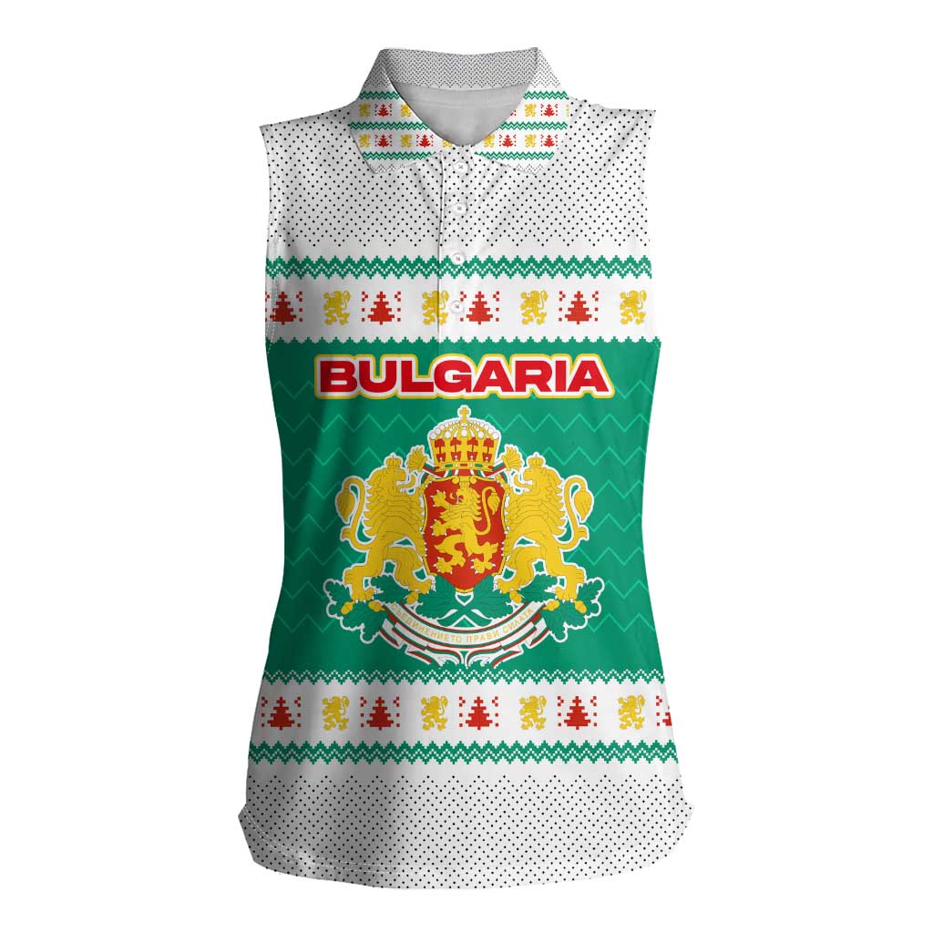Bulgaria Christmas Women Sleeveless Polo Shirt with Green-White Theme, Coat of Arms, and National Flag Motif - Wonder Print Shop