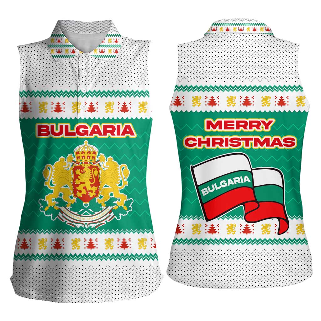 Bulgaria Christmas Women Sleeveless Polo Shirt with Green-White Theme, Coat of Arms, and National Flag Motif - Wonder Print Shop