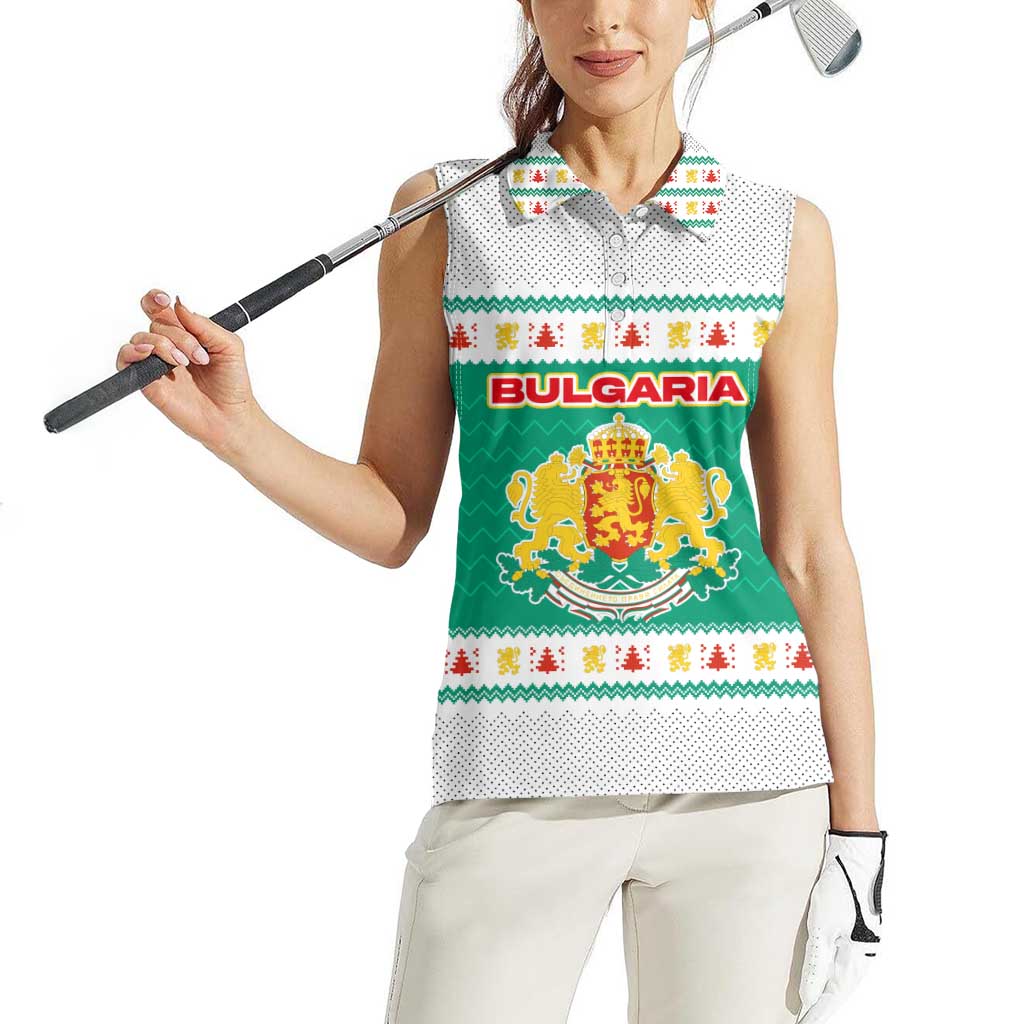 Bulgaria Christmas Women Sleeveless Polo Shirt with Green-White Theme, Coat of Arms, and National Flag Motif - Wonder Print Shop