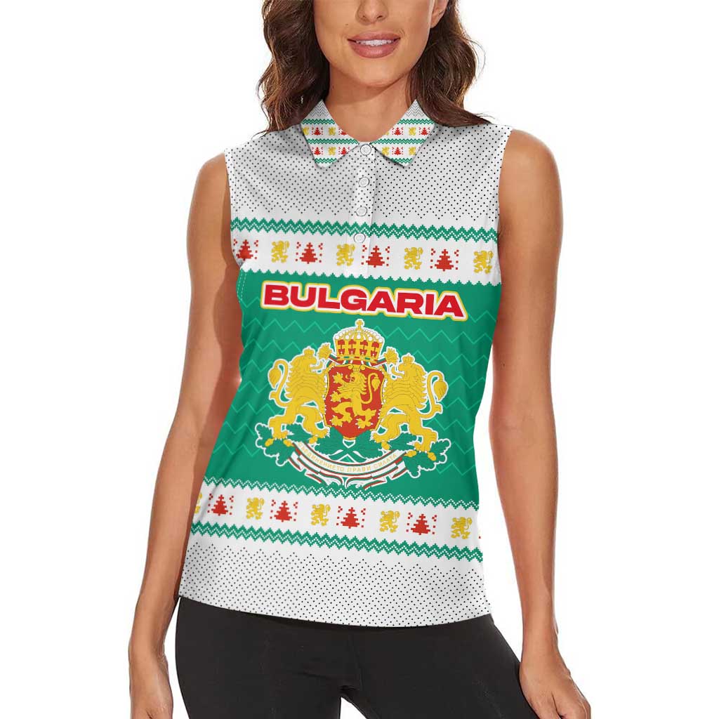 Bulgaria Christmas Women Sleeveless Polo Shirt with Green-White Theme, Coat of Arms, and National Flag Motif - Wonder Print Shop