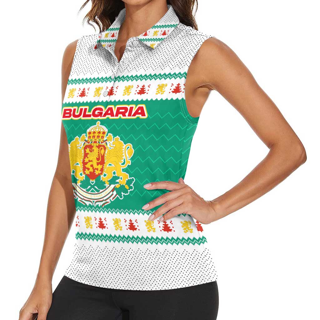 Bulgaria Christmas Women Sleeveless Polo Shirt with Green-White Theme, Coat of Arms, and National Flag Motif - Wonder Print Shop